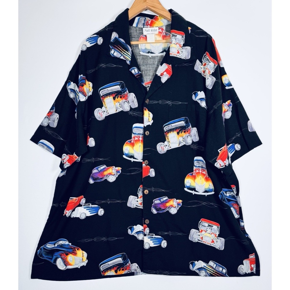 Vintage Matt Rider Hot Rod Hawaiian Shirt Men 2XL Black Flames Cars Cotton Rayon